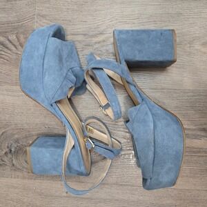 Anthropologie Blue‎ Suede Ruffle Peep Toe Platform Block Heel Sandals